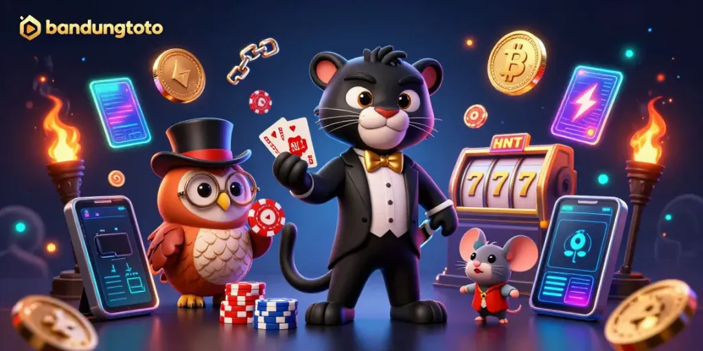 Engage with bandungtoto's vibrant casino world, where a tuxedoed panther elegantly deals cards amidst neon cryptocurrency elements.