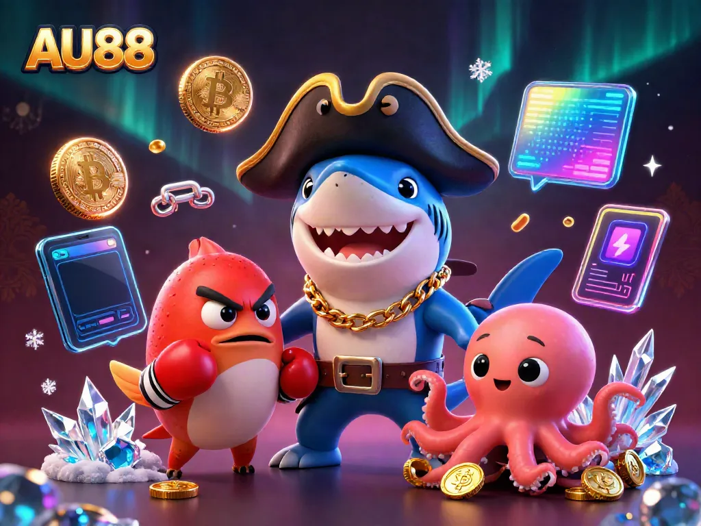Engage in thrilling gameplay with AU88, featuring vibrant cartoon characters and cryptocurrency elements.