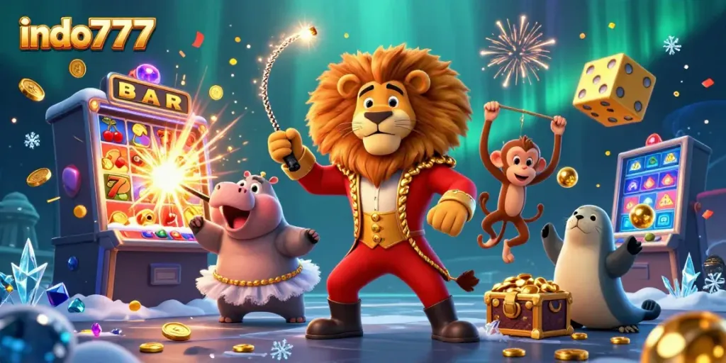 Slot jackpot dengan indo777, menampilkan singa ringmaster dan hewan sirkus lainnya dalam gaya ceria.