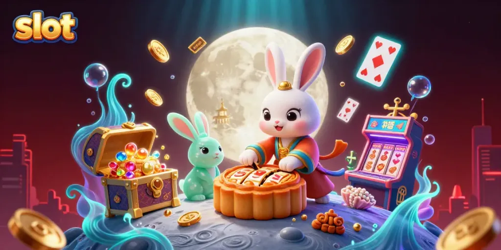 Experience exciting slots with a moon rabbit unleashing jackpot reels and vibrant casino elements.