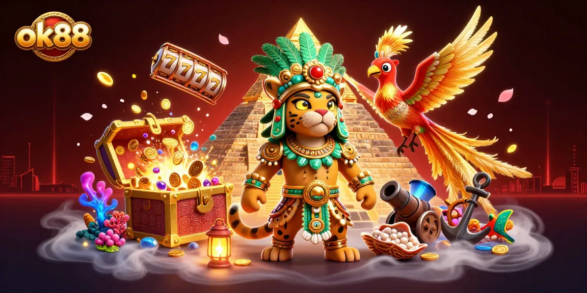 Experience the luck of ok88 with a vibrant 3D casino scene featuring Mayan elements and slot machines.