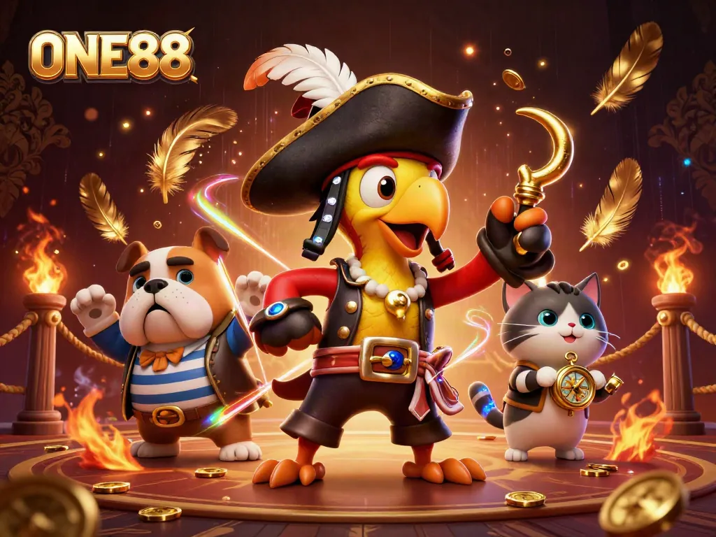 Engage in the thrilling world of ONE88 with dynamic pirate-themed casino elements.