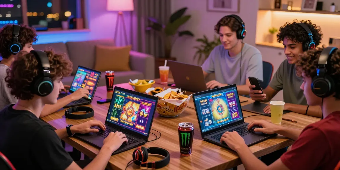 Players enjoying lavowin games on laptops in a cozy gaming room