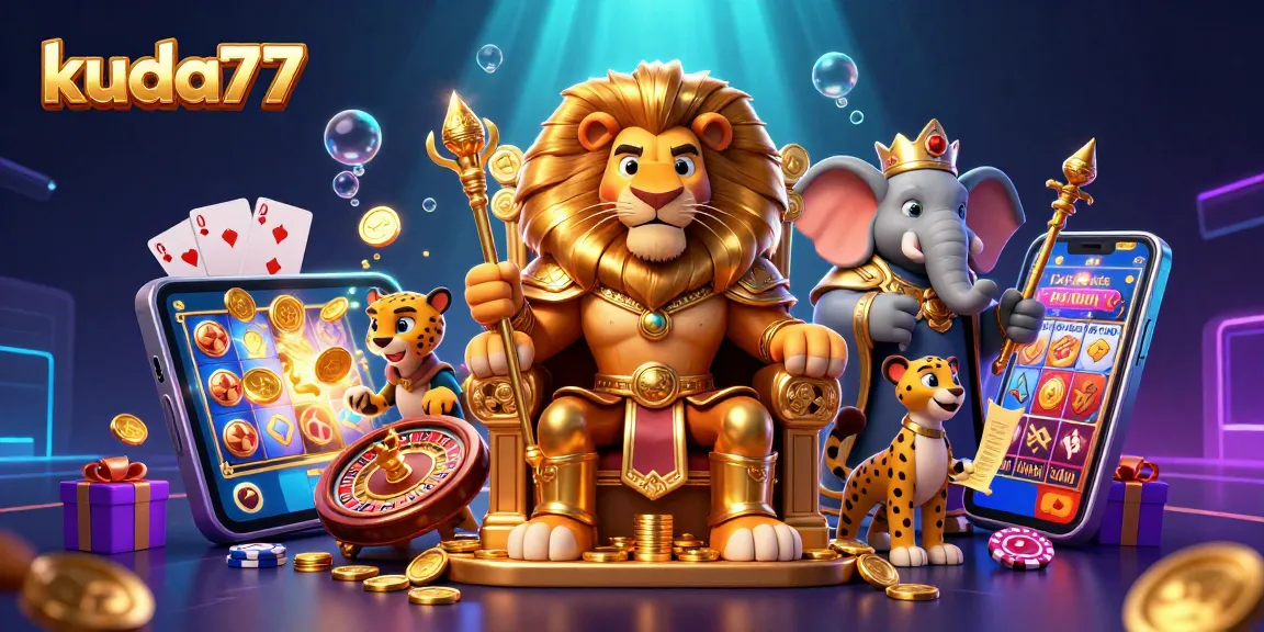 Permainan slot seru dalam kuasa kuda77 yang menampilkan singa raja, gajah penasihat, dan cheetah pengantar hadiah
