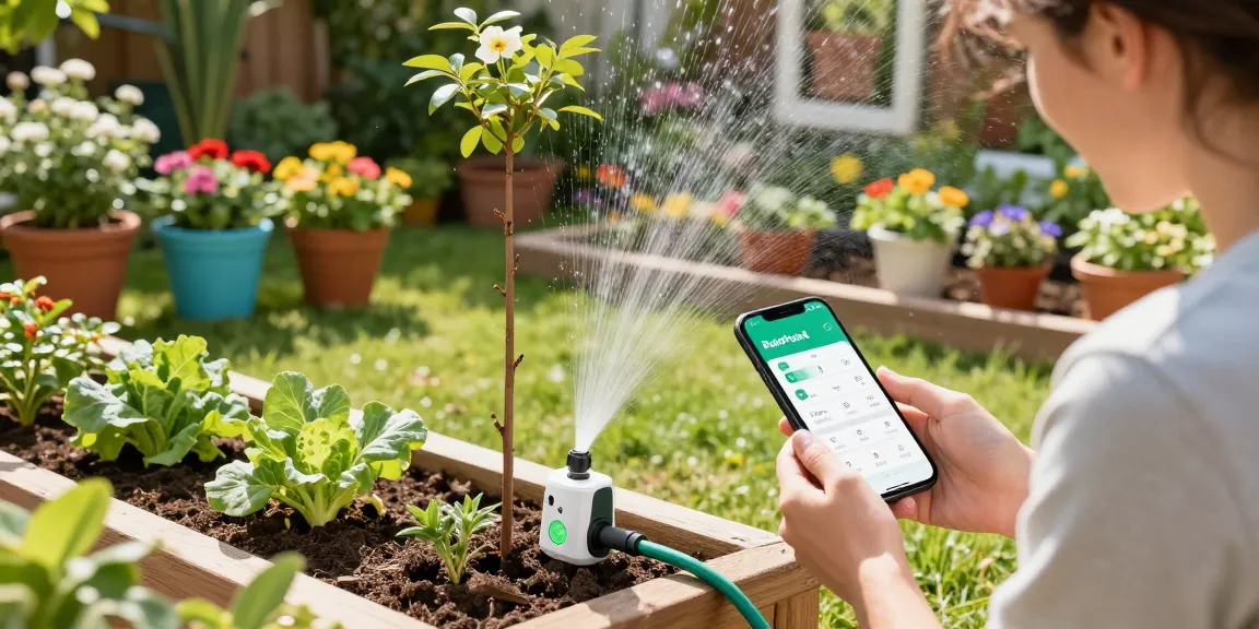 A homeowner using rainpoint wifi timer to manage garden watering efficiently.