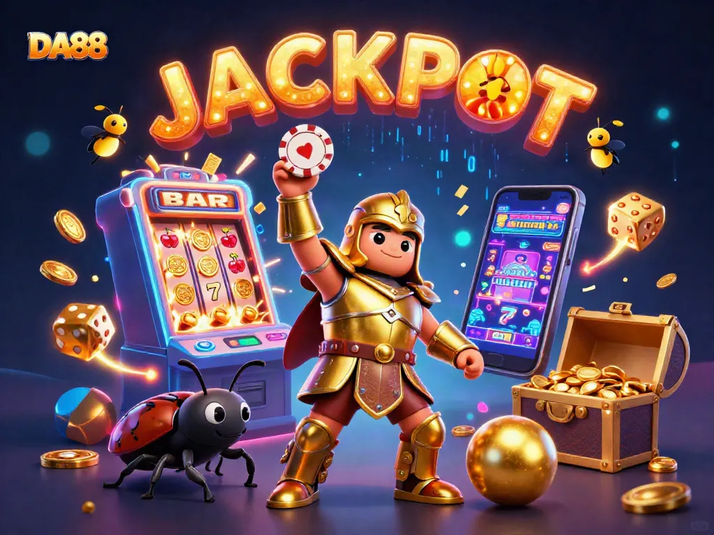 Experience the excitement of DA88 with cartoon characters celebrating a jackpot in a vibrant casino scene.