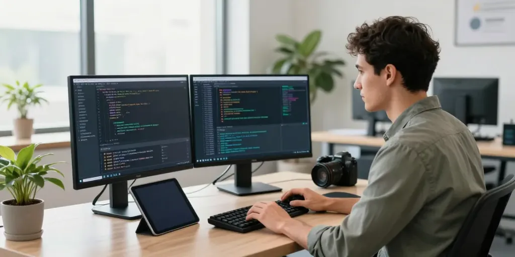Anonymous VPS with Bitcoin payment process in a modern tech workspace.
