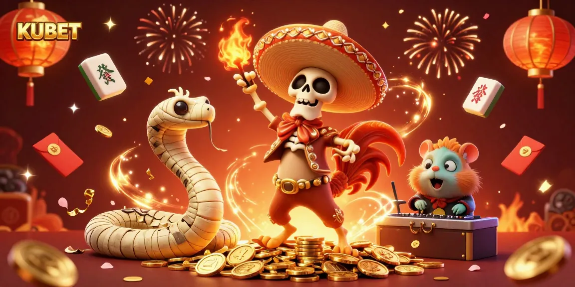 KUBET's festive scene showcases a joyful mariachi rooster amidst symbols of luck, engaging players in vibrant celebrations.