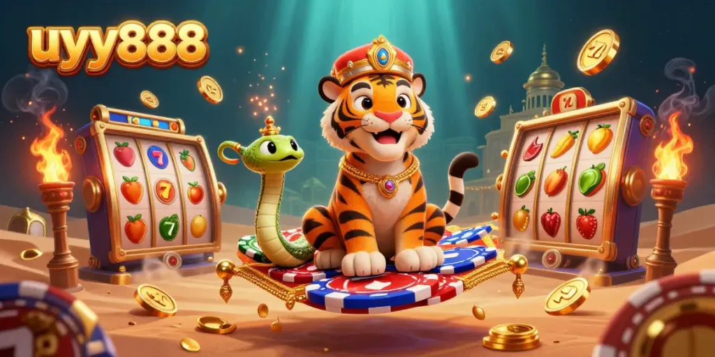 Experience the magic of uyy888 with a lavish casino scene featuring the royal tiger sultan and dynamic slot game symbols.
