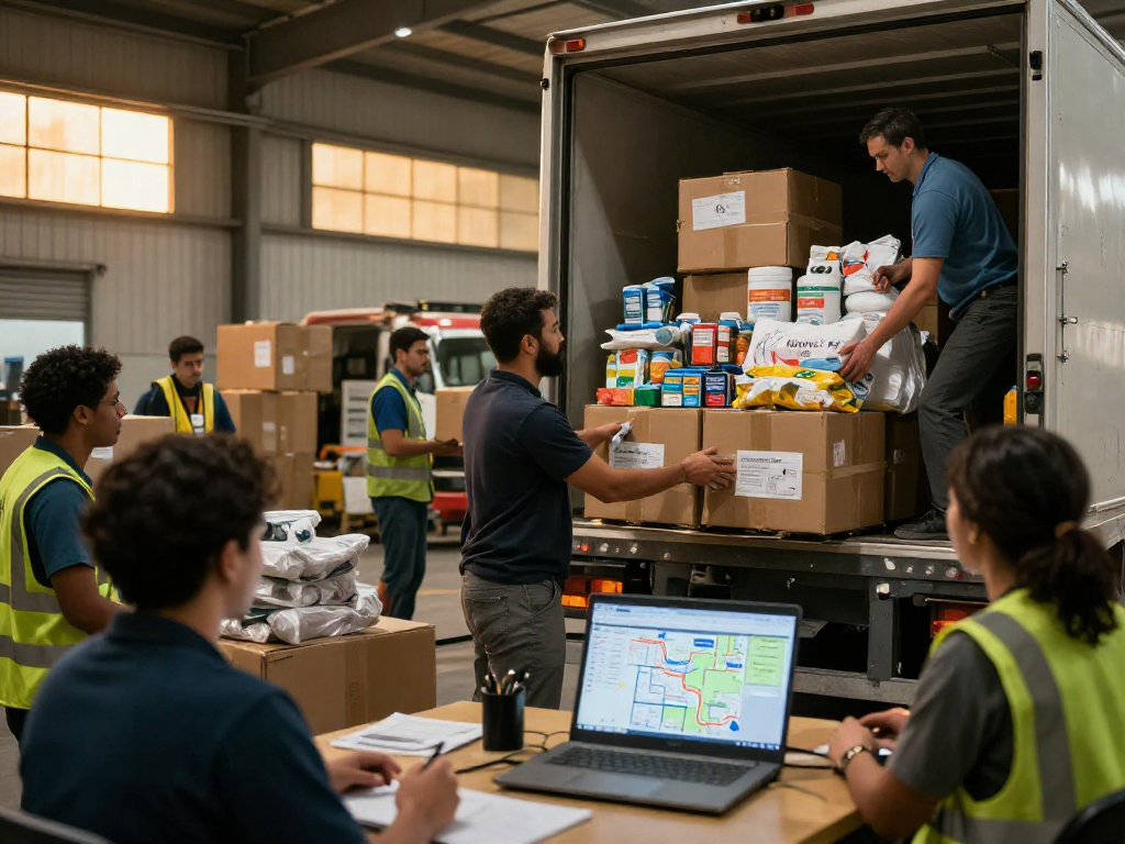 Hilfstransport von Dortmund: Team bei der Organisation von Hilfsgütern für humanitären Einsatz.