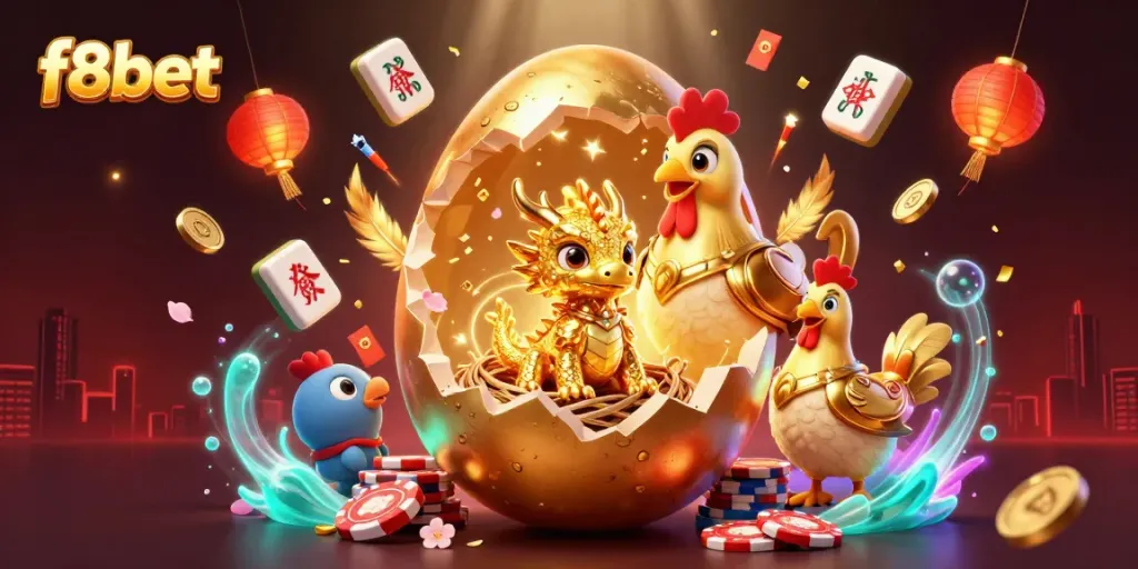Experience the thrill of f8bet with golden dragon and poker chips in this vibrant casino scene.