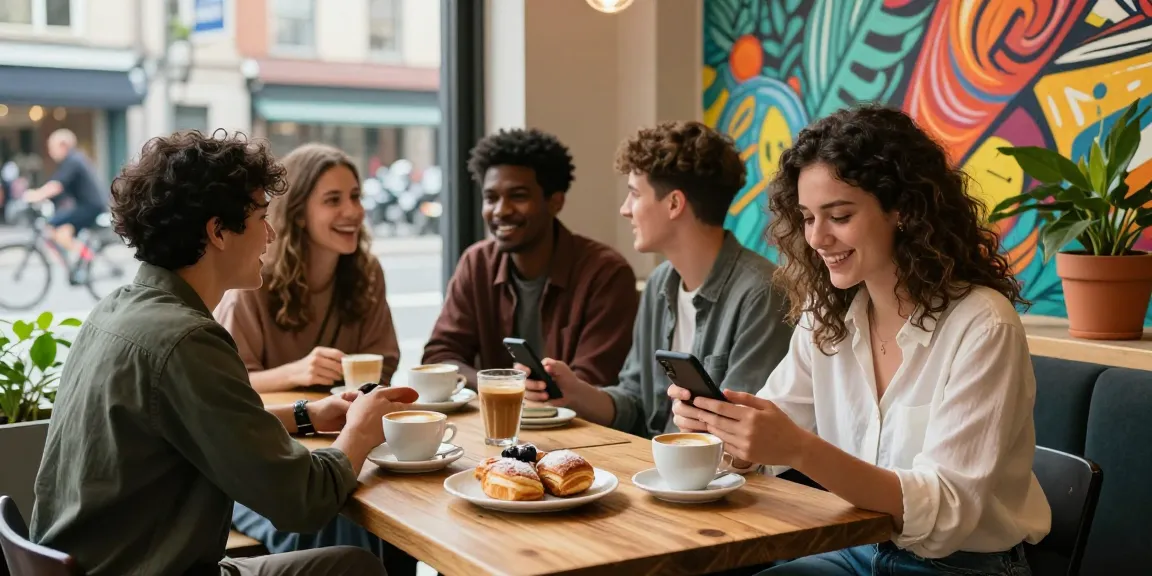 Friends enjoying coffee at a trendy café, highlighting rokok88 lifestyle in an urban setting.
