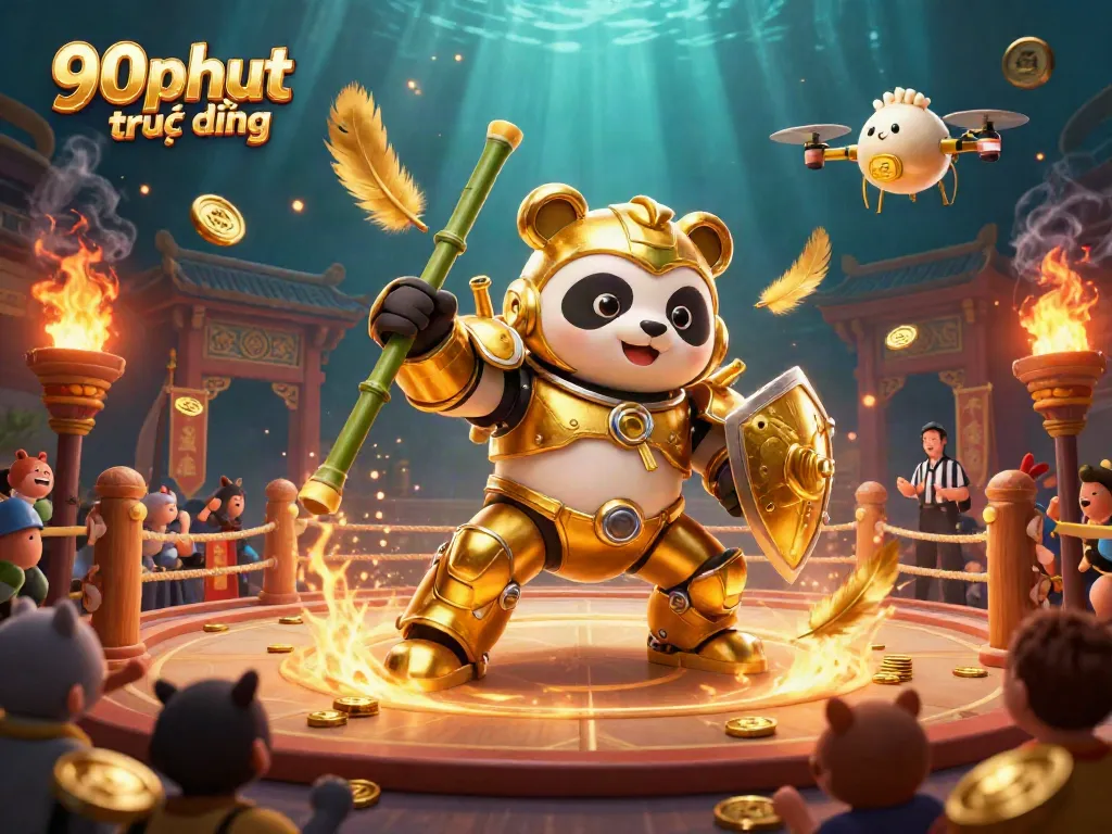 Experience intense sports action with 90phut trực tiếp in a vibrant arena featuring a golden panda referee and dynamic betting elements.
