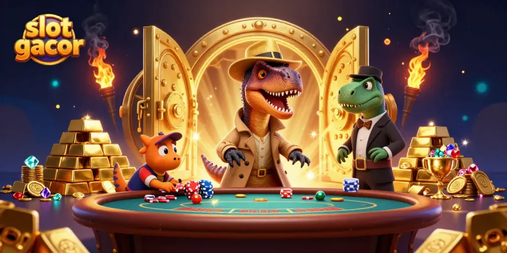 Experience an exciting slot gacor gameplay with a clever velociraptor card counter at a vibrant casino.