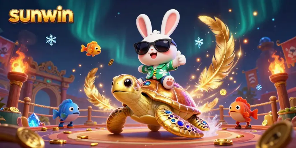 Experience sunwin's vibrant casino adventure with a lucky rabbit and golden turtle amidst stunning tropical elements.