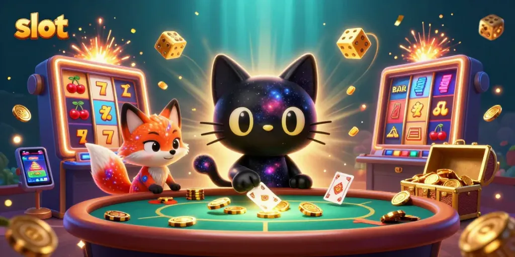 Engage with exciting slot features in this vibrant casino scene featuring colorful characters and a dynamic setting.