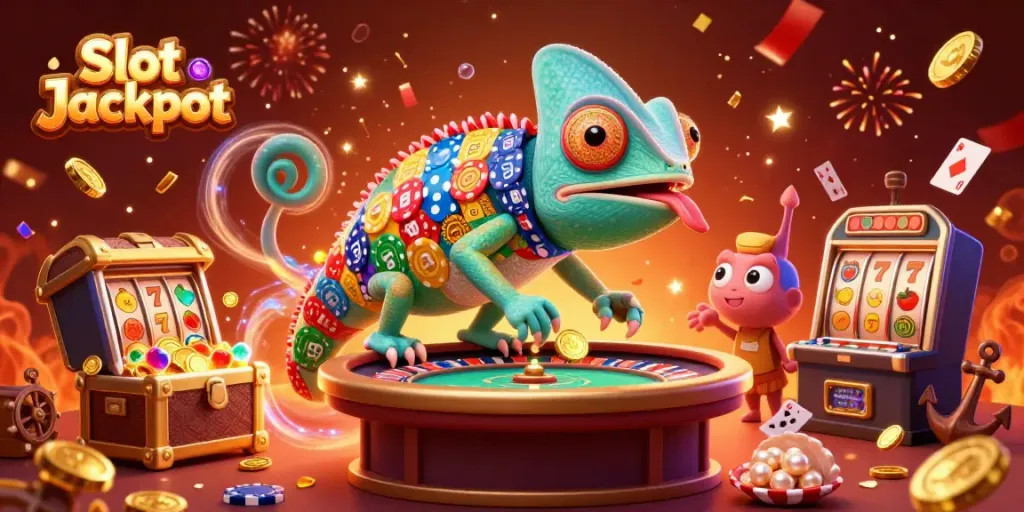Experience the excitement of Slot Jackpot with vibrant 3D casino elements and colorful characters.
