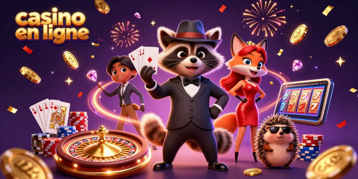 Experience excitement at a casino en ligne with a raccoon, fox, and hedgehog celebrating wins amid dynamic games.