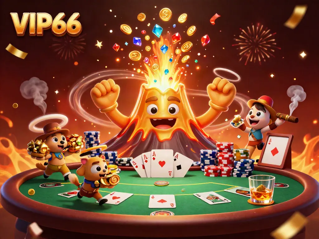 Experience the thrilling excitement of VIP66 with a vibrant scene of treasures and poker elements.