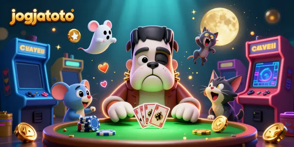 Engage with jogjatoto as a Frankenstein bulldog deals cards amidst a dynamic casino scene.