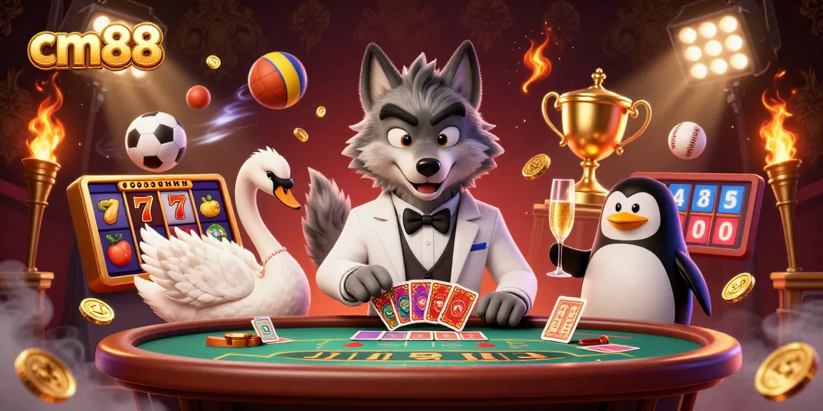 Spin the reels at cm88 with a 3D elegant wolf, swan dealer, and penguin sommelier at a dynamic casino scene.