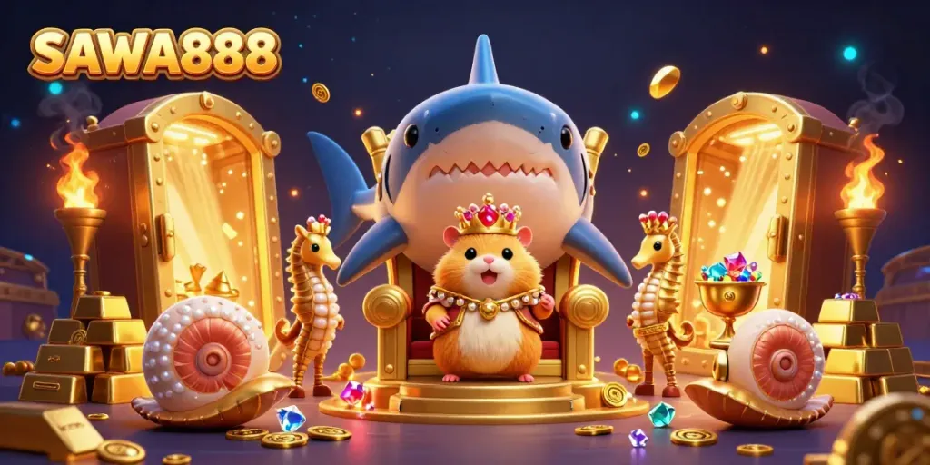 Spin to win with SAWA888 as the golden hamster king reigns over treasures in a vibrant casino.