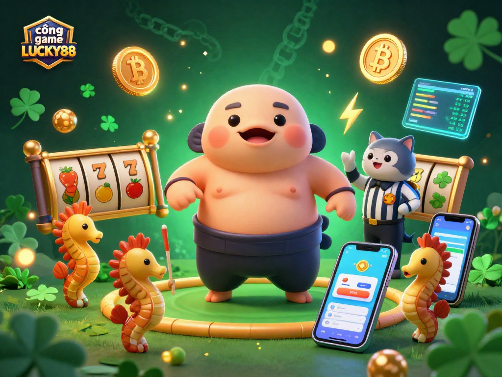 Experience the thrill of cổng game LUCKY88 with vibrant 3D casino elements in an underwater setting, featuring a puffed up fugu and crypto coins.