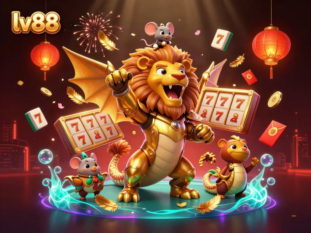 Experience the excitement of lv88 with a fantasy-inspired scene featuring a chimera, lucky symbols, and vibrant gaming elements.