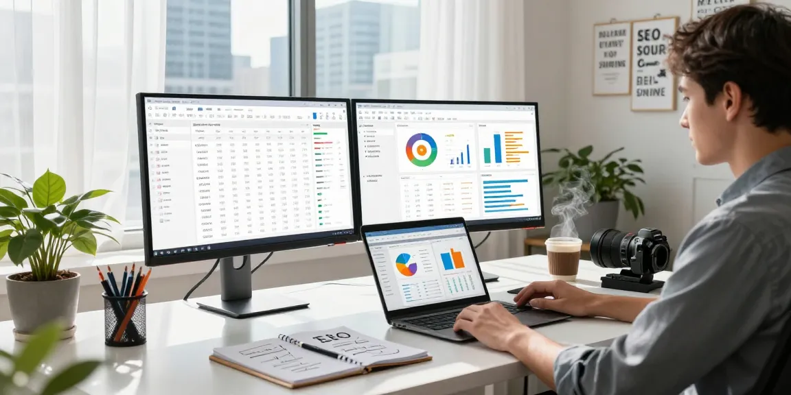 Fuelled SEO Australia office scene with SEO specialist analyzing data and strategies for effective online marketing.