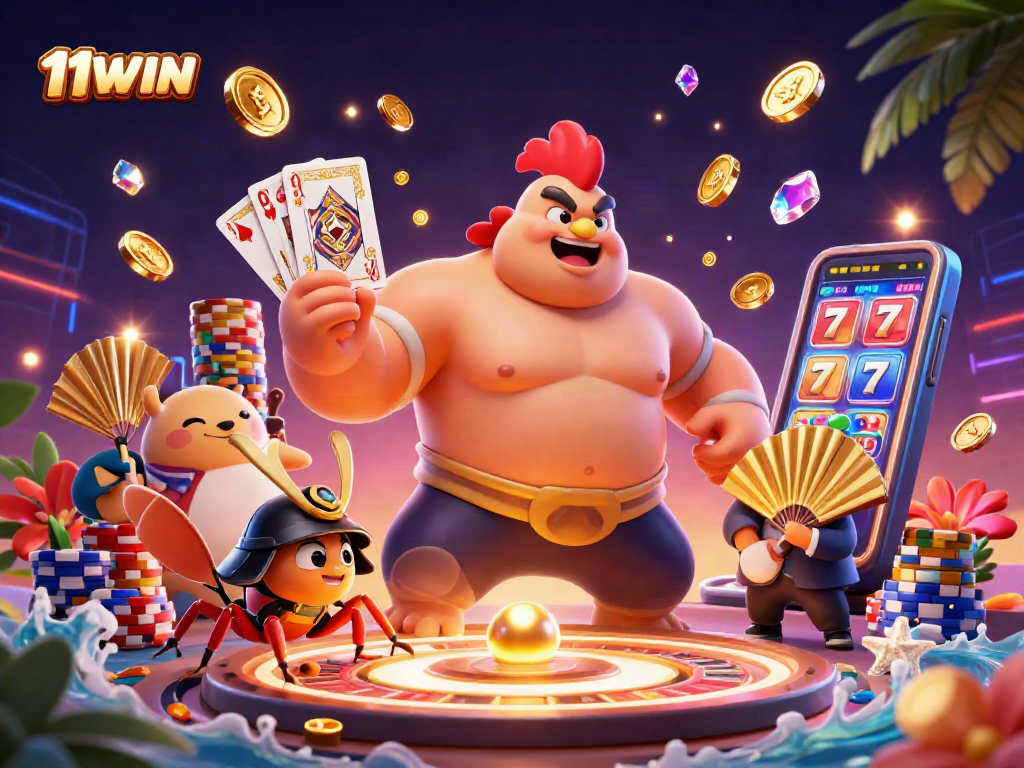 Engage in thrilling gameplay with 11WIN's vibrant casino illustration featuring dynamic gaming elements.