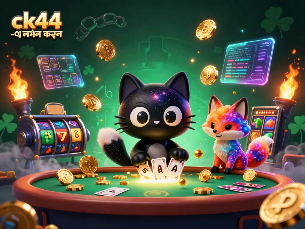 Engage with ck44 -এ লগইন করুন in this vibrant cosmic casino scene featuring a black hole cat and nebula-like fox.