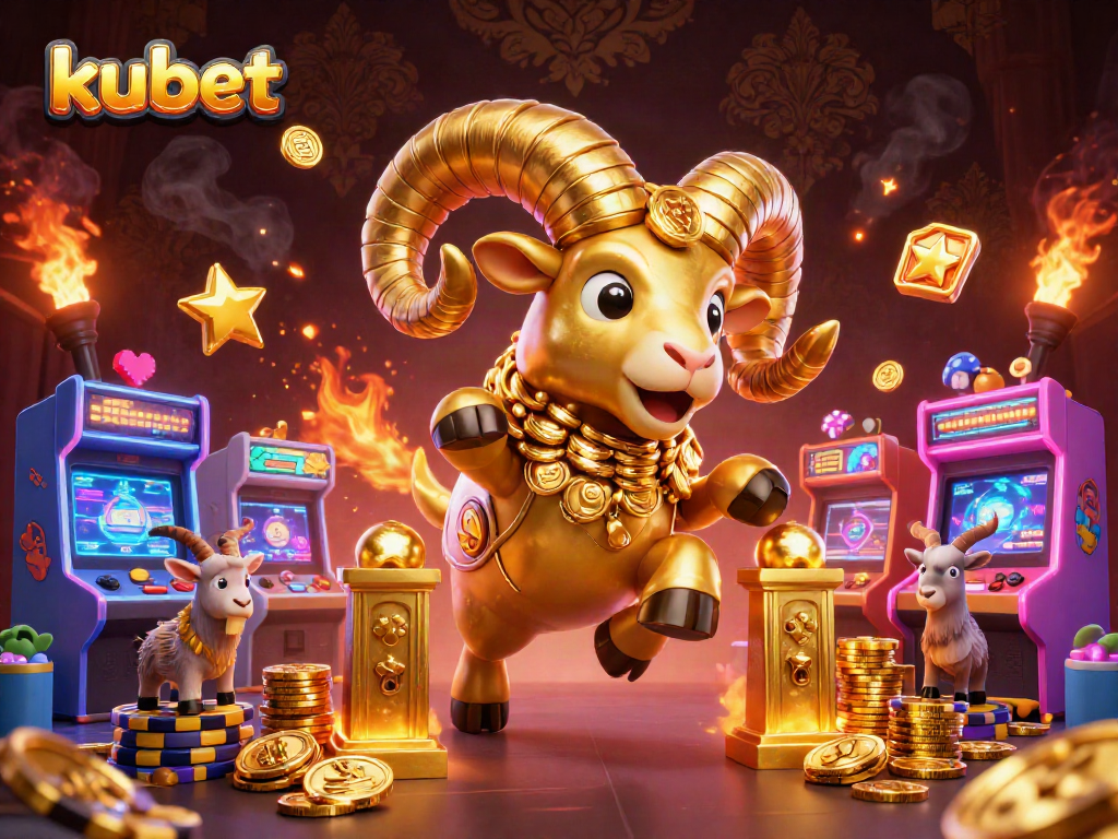 Kubet scene featuring a golden ram charging through a vibrant casino atmosphere filled with arcade machines and coins.