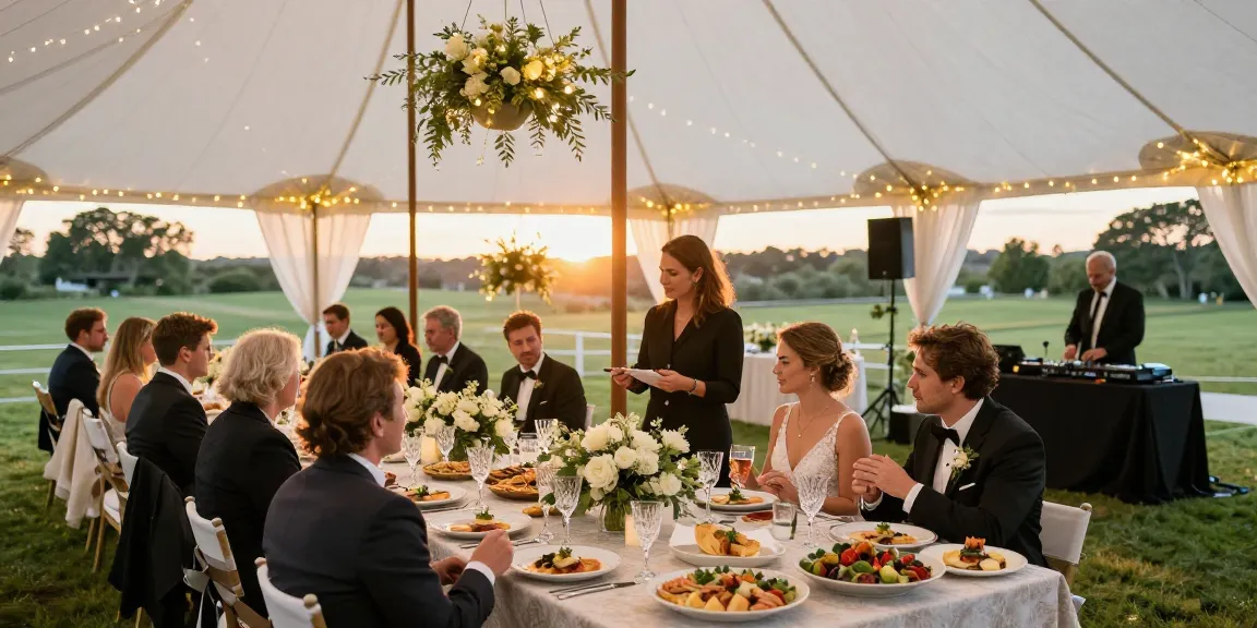 Event rentals showcased at a luxurious outdoor wedding reception with elegant decor and festive ambiance.