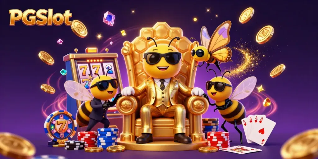 Engage with PGSlot games in a vibrant 3D casino scene featuring dynamic characters and glittering gold.