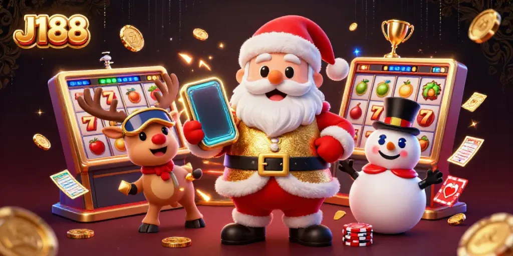 Exciting J188 casino scene with Santa Claus, reindeer dealer, and snowman amidst slot reels, jackpot symbols and vibrant energy.