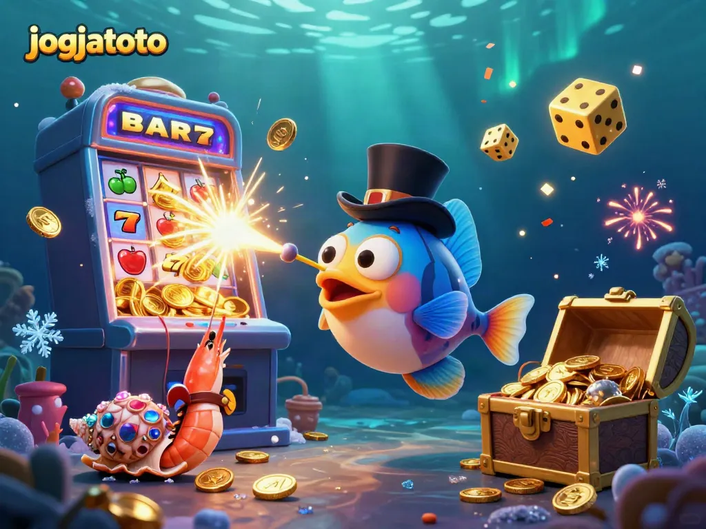 Engage with jogjatoto's enchanting 3D world featuring an anglerfish and treasures in a dynamic casino scene.