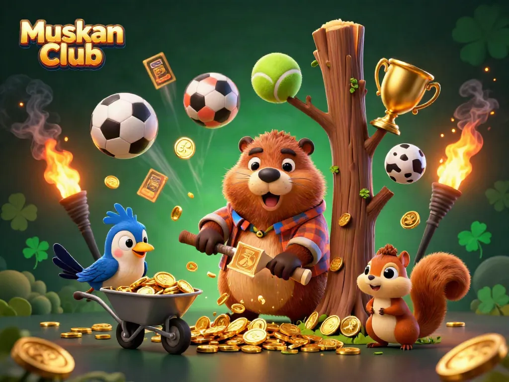 Experience the thrill of Muskan Club as gaming characters celebrate winning with coins and trophies.