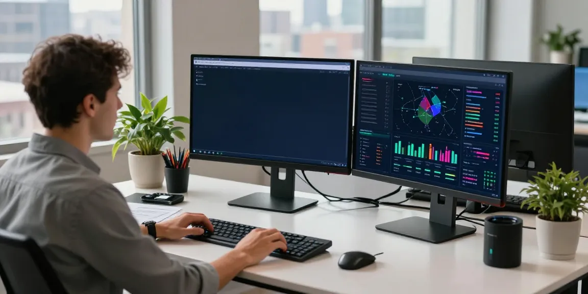 Data analyst using Outscraper in a modern tech workspace with monitors.