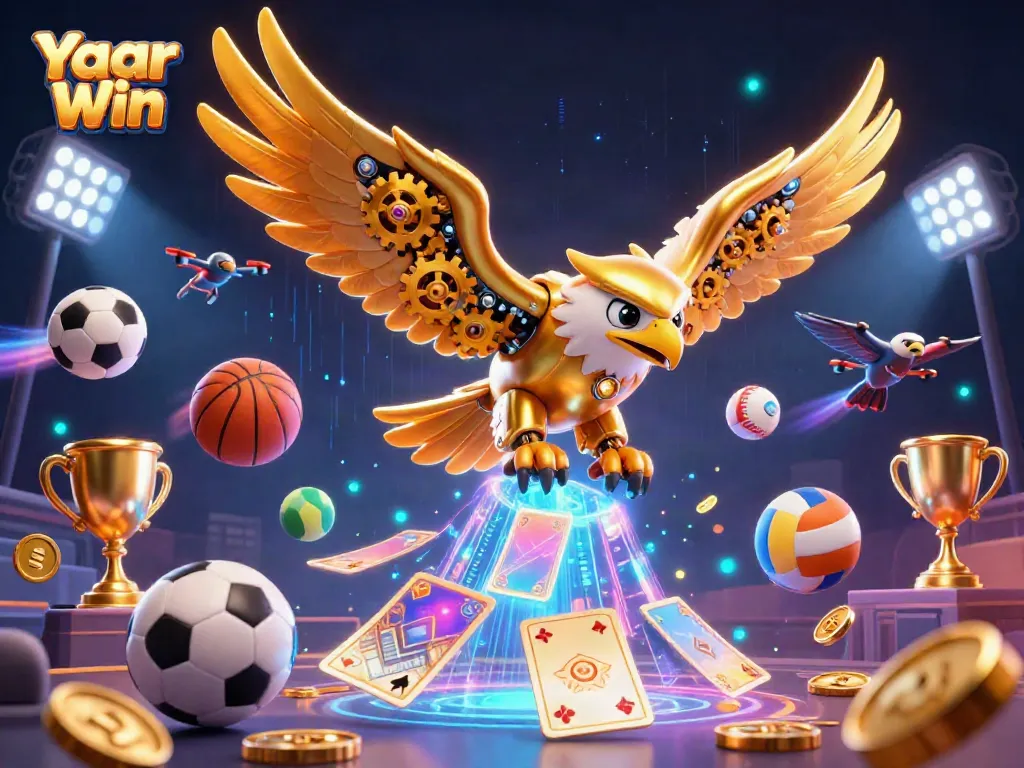Experience thrilling gaming action with Yaar Win, featuring a golden eagle amidst vibrant casino elements.