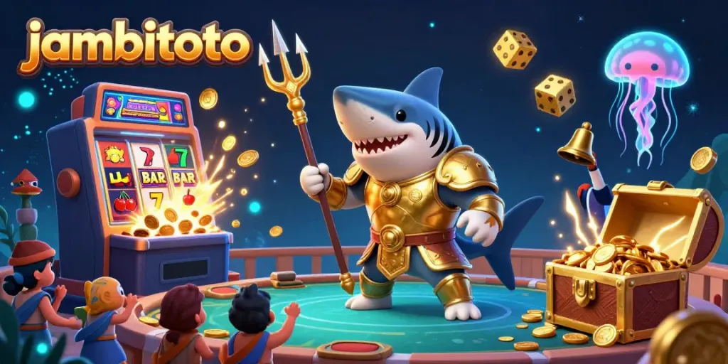 Join the thrilling excitement of jambitoto with a tiger shark gladiator amidst a jackpot explosion and vibrant casino elements.