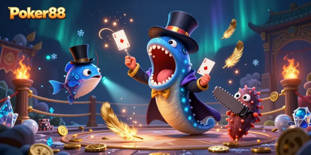 Experience Poker88's magical card tricks in a vibrant 3D underwater casino scene.