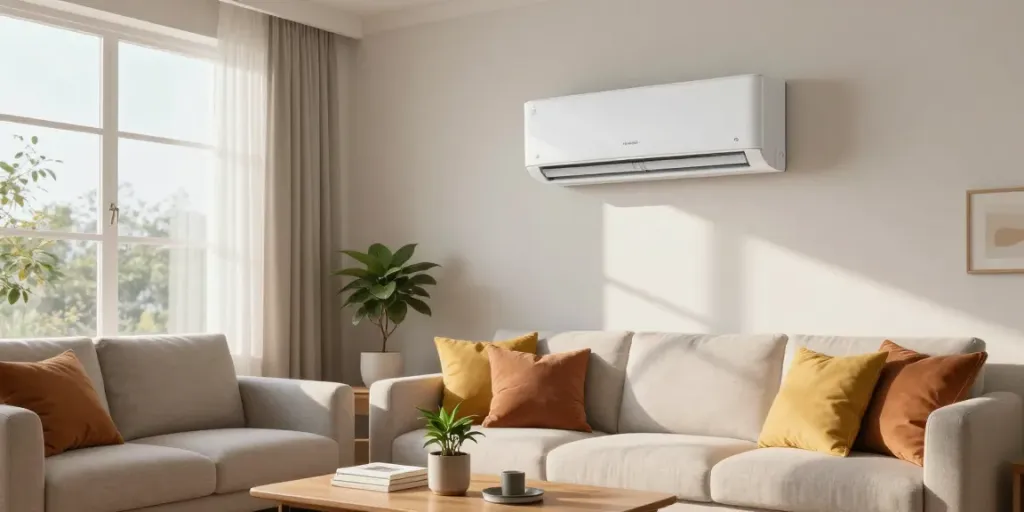 Stylish living room with a mini split air conditioner mounted on the wall, showcasing modern comfort.