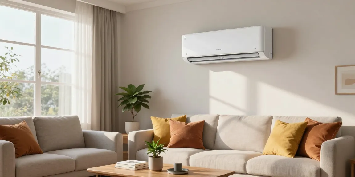 Stylish living room with a mini split air conditioner mounted on the wall, showcasing modern comfort.