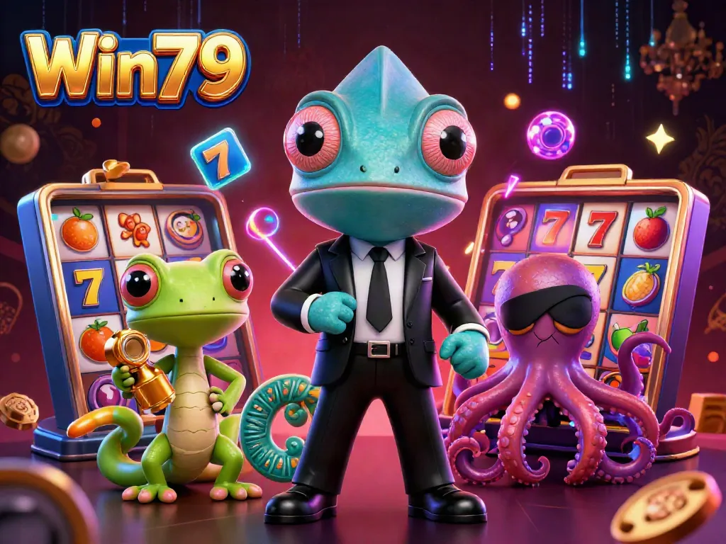 Win79's lively casino scene with slot elements, featuring a secret agent chameleon and quirky gecko.