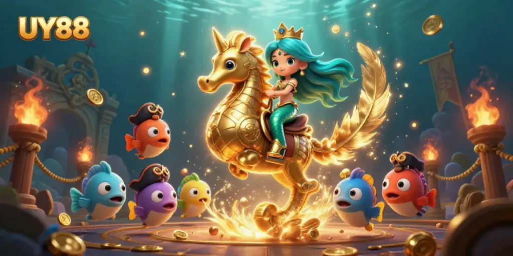 Engage with UY88's vibrant underwater casino adventure featuring a mermaid and seahorse.