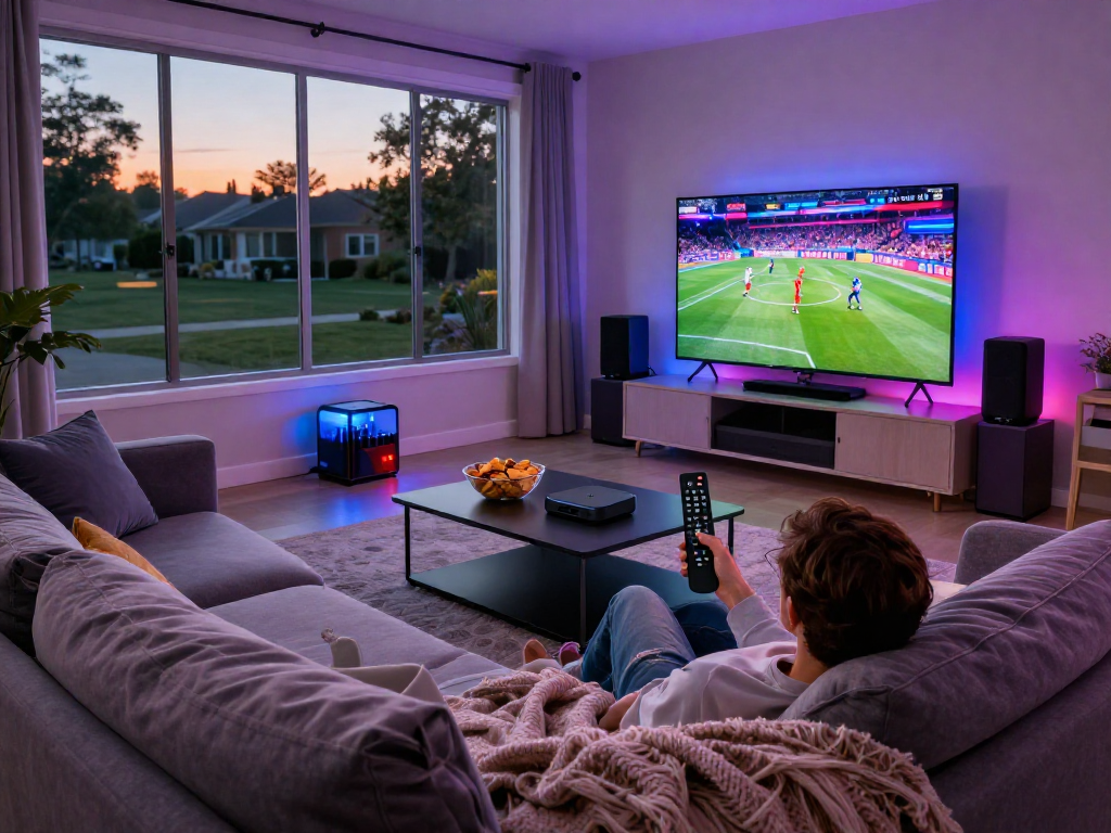 Engaging home media room showcasing the best IPTV subscription services, featuring a cozy setup for sports viewing.