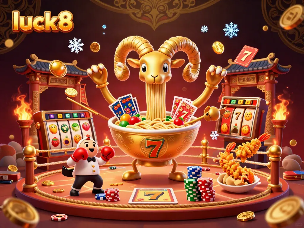 Experience the thrill of luck8 with vibrant gambling action featuring a golden ramen bowl, slot machines, and festive characters.