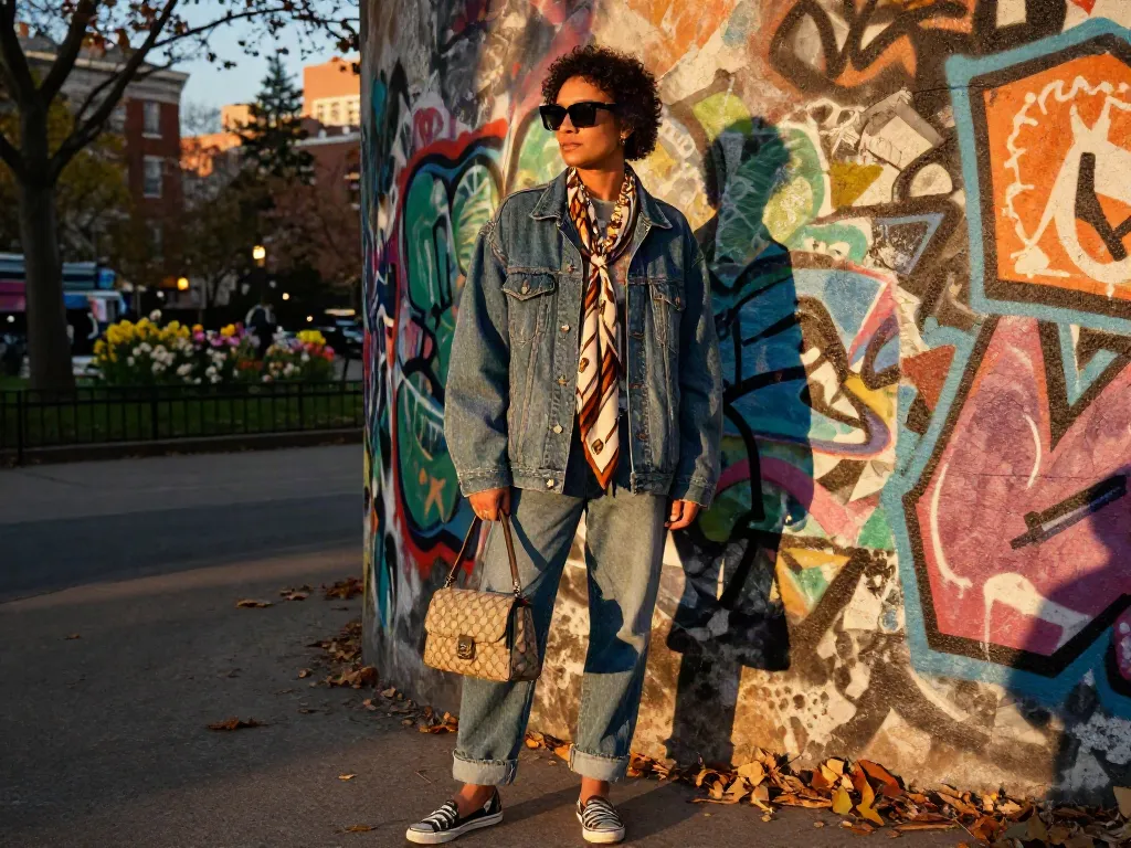 Fashionisk .com style scene featuring a confident model in trendy urban attire, with street art background and vibrant sunset lighting.