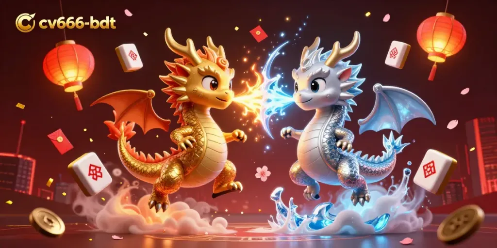 Experience the gaming excitement with cv666-bdt illustrated through dynamic dragons and vibrant casino elements.