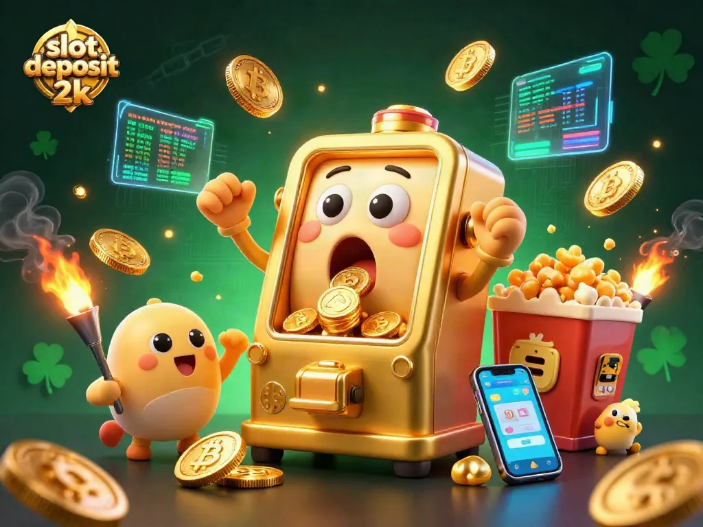 Spin the reels with the slot deposit 2k visual, featuring animated slot machines and crypto elements!